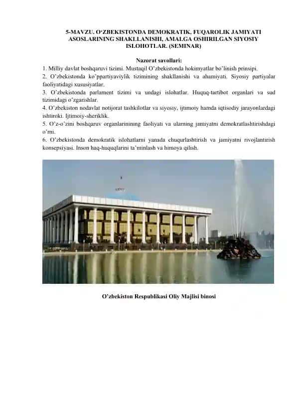 O‘zbekistonda Demokratik, Fuqarolik Jamiyati Asoslarining Shakllanishi, Amalga Oshirilgan Siyosiy Isholotlar