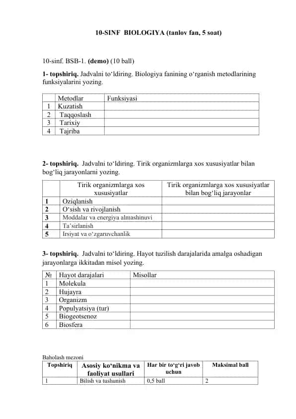 10-SINF BIOLOGIYA (tanlov fan, 5 soat)