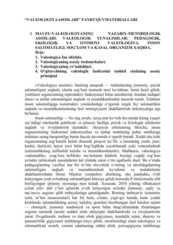 VALEOLOGIYAASOSLARI