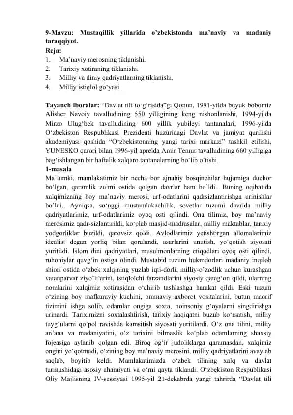 Mustaqillik yillarida o’zbekistonda ma’naviy va madaniy taraqqiyot