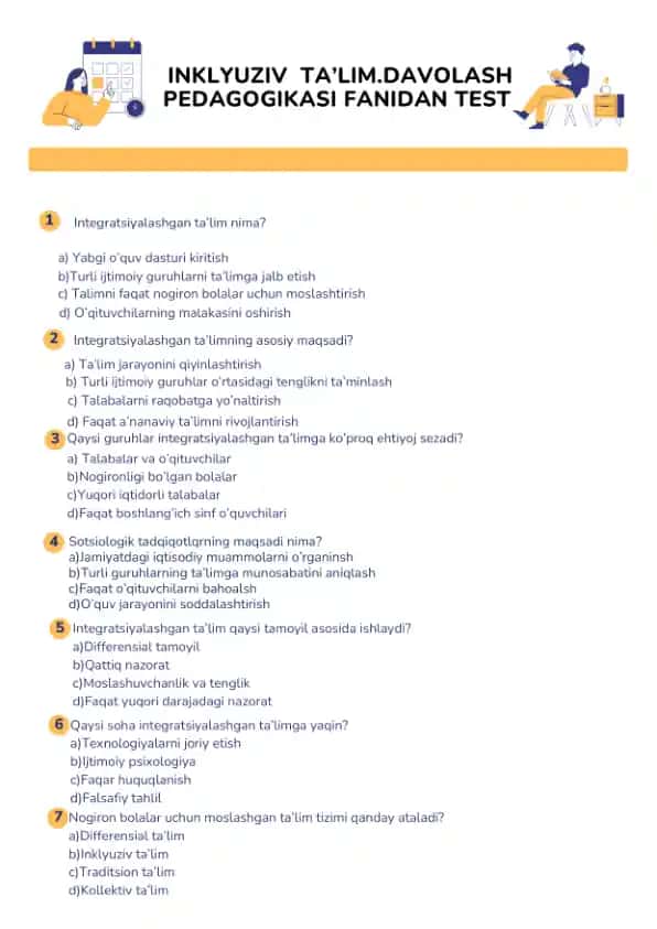 INKLYUZIV TA’LIM.DAVOLASH PEDAGOGIKASI FANIDAN TEST