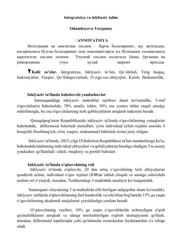 Integratsiya va inklyuziv talim