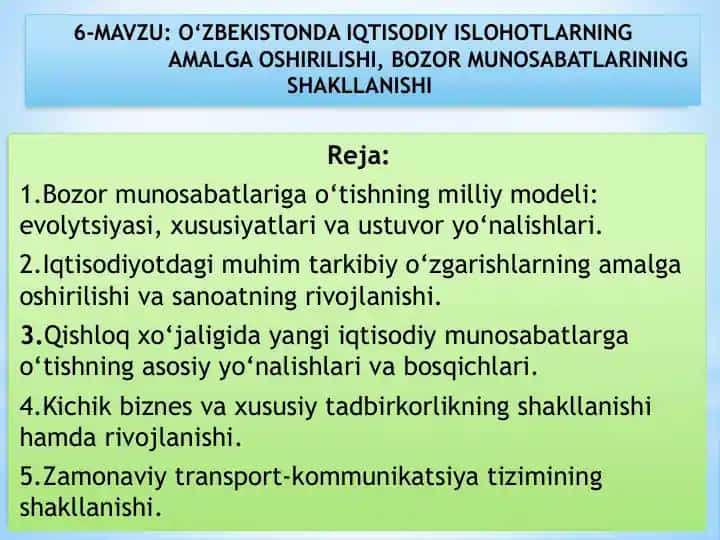 O‘ZBEKISTONDA IQTISODIY ISLOHOTLARNING AMALGA OSHIRILISHI, BOZOR MUNOSABATLARINING SHAKLLANISHI