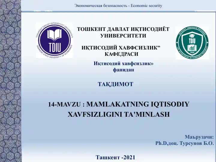 MAMLAKATNING IQTISODIY XAVFSIZLIGINI TA'MINLASH