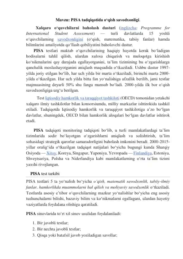 PISA tadqiqotida o‘qish savodxonligi