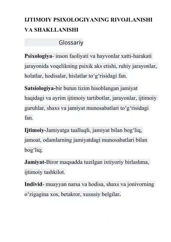 IJTIMOIY PSIXOLOGIYANING RIVOJLANISHI VA SHAKLLANISHI Glossariy