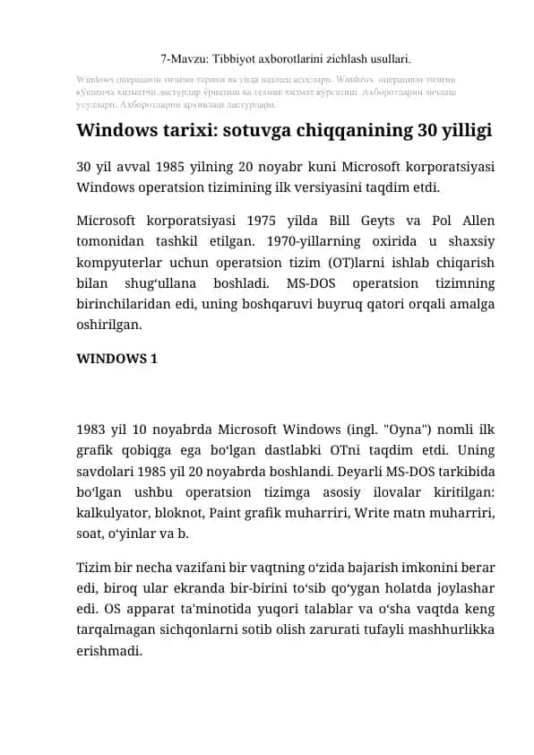 Windows Operatsion Tizimi Tibbiyot Axborotlarini Zichlash Usullari
