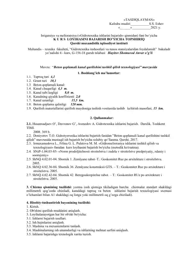 Beton qoplamali kanal qurilishini tashkil qilish texnologiyasi