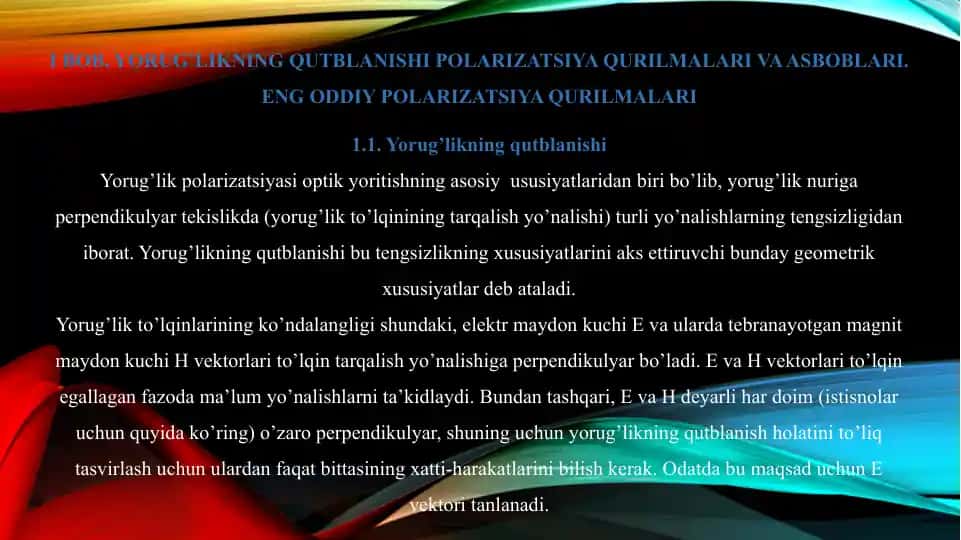 Yorug’likning qutblanishi Polarizatsiya Qurilmalari va Asboblari
