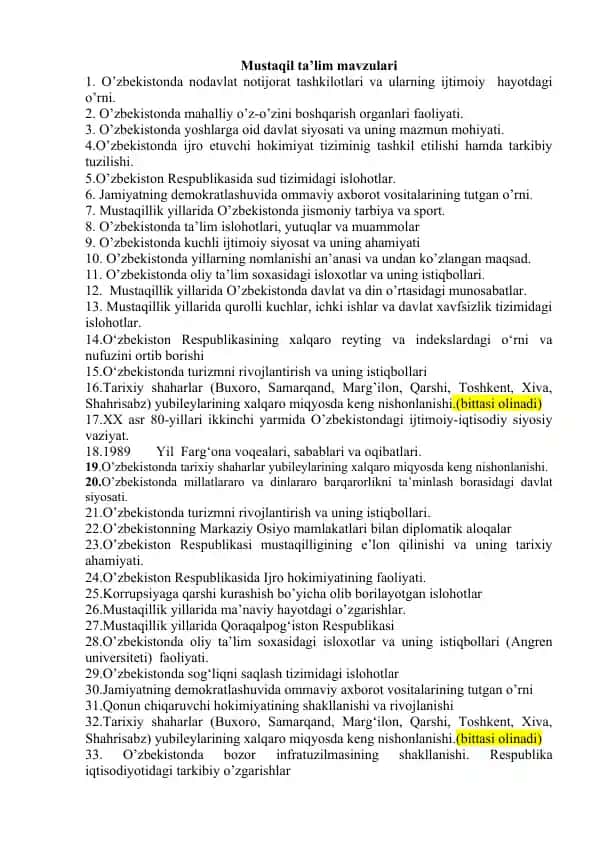 Mustaqil ta’lim mavzulari