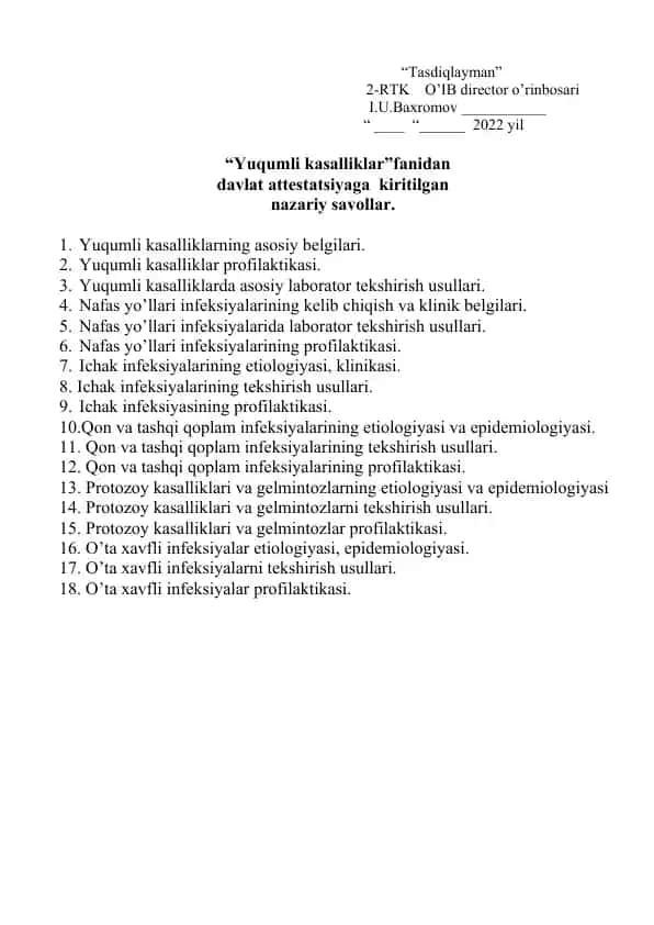 Yuqumli kasalliklar va infeksiyalar fanidan savollar to'plami
