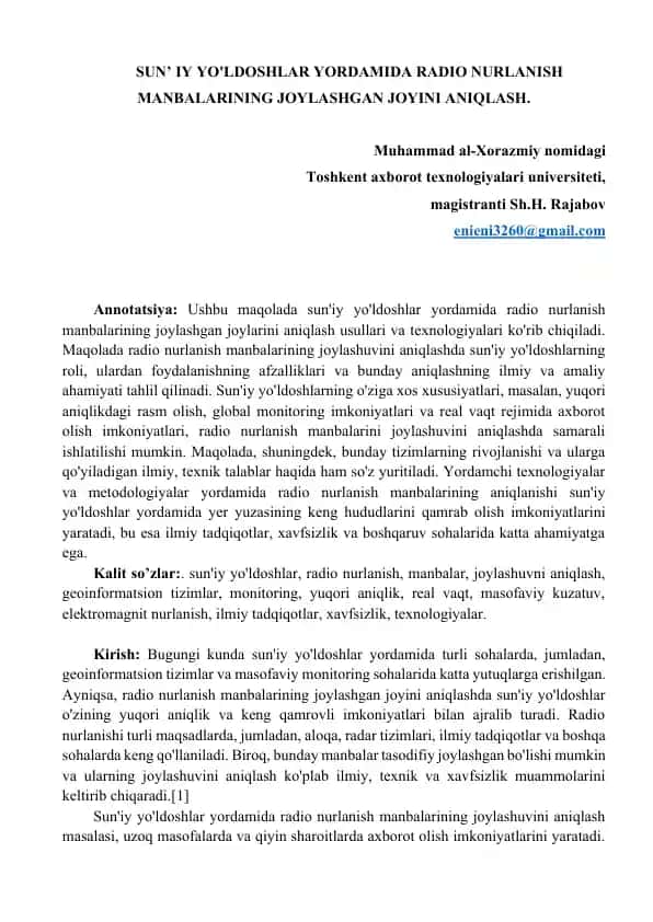 Sun’iy yo'ldoshlar yordamida radio nurlanish manbalarining joylashgan joyini aniqlash