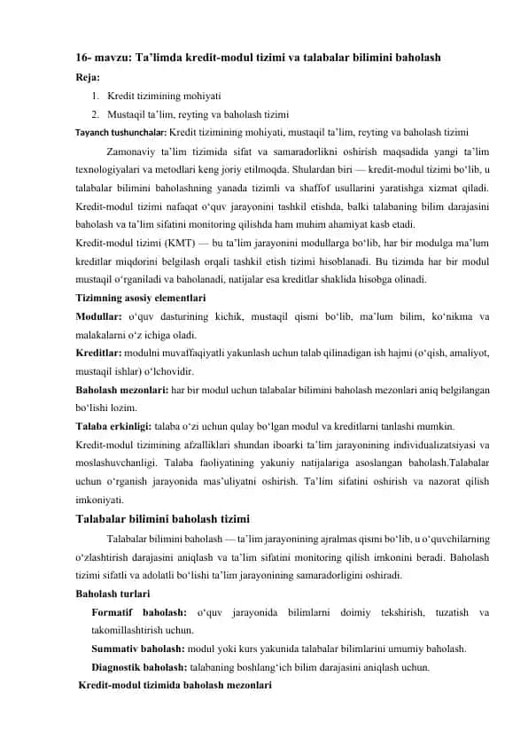Ta’limda kredit-modul tizimi va talabalar bilimini baholash