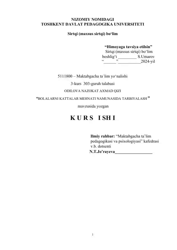 "BOLALARNI KATTALAR MEHNATI NAMUNASIDA TARBIYALASH"