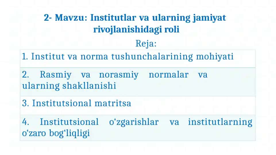 Institutlar va ularning jamiyat rivojlanishidagi roli
