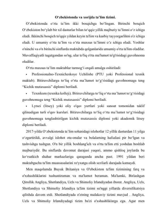O‘zbekistonda va xorijda ta’lim tizimi