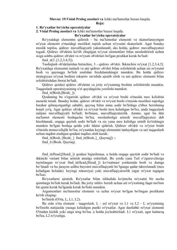 Visial Prolog asoslari va Ichki ma'lumotlar bazasi haqida