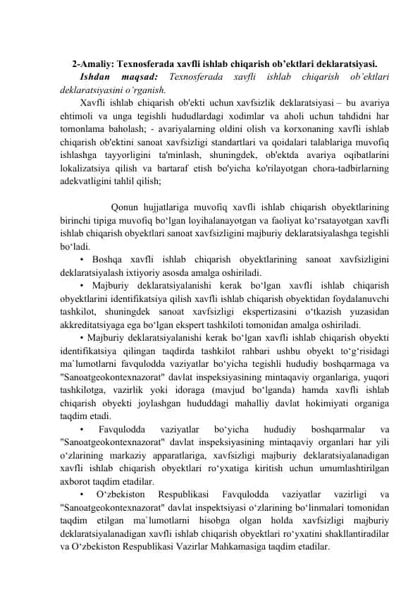 Texnosferada xavfli ishlab chiqarish ob’ektlari deklaratsiyasi