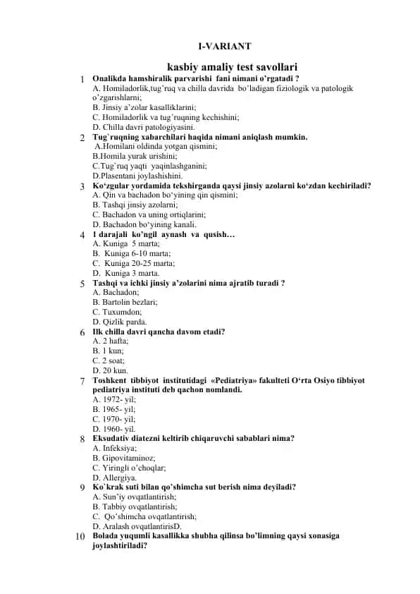 Kasbiy amaliy test savollari
