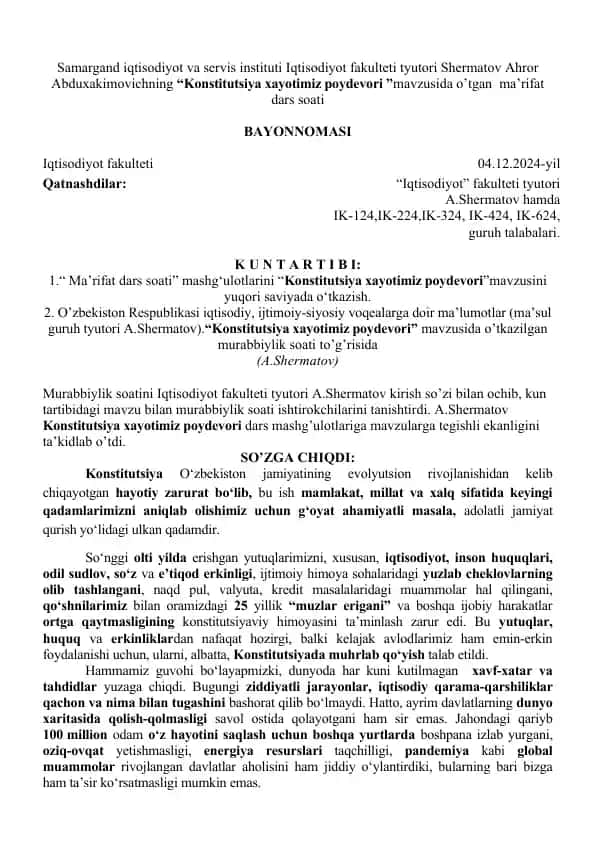 "Konstitutsiya xayotimiz poydevori"