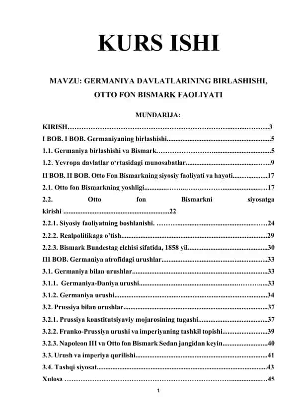 Kurs ishi: Germaniya davlatlarining birlashishi, Otto fon Bismark faoliyati