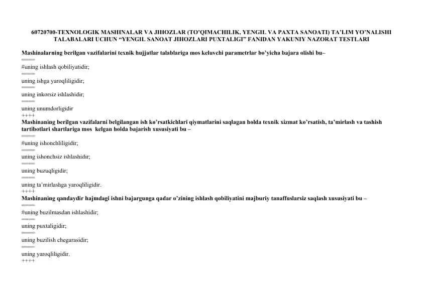 **YENGIL SANOAT JIHOZLARI PUXTALIGI FANI**