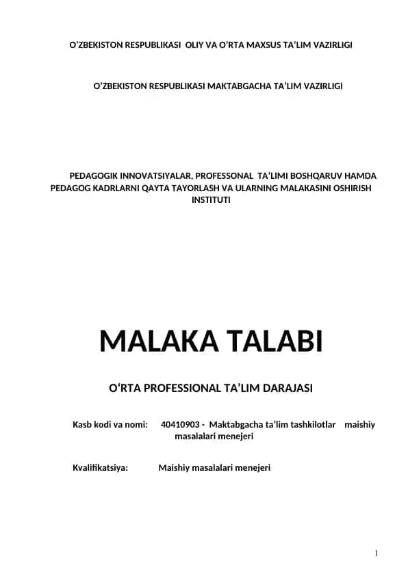 Malaka talabi maktabgacha ta’lim tashkilotlari maishiy masalalari menejeri