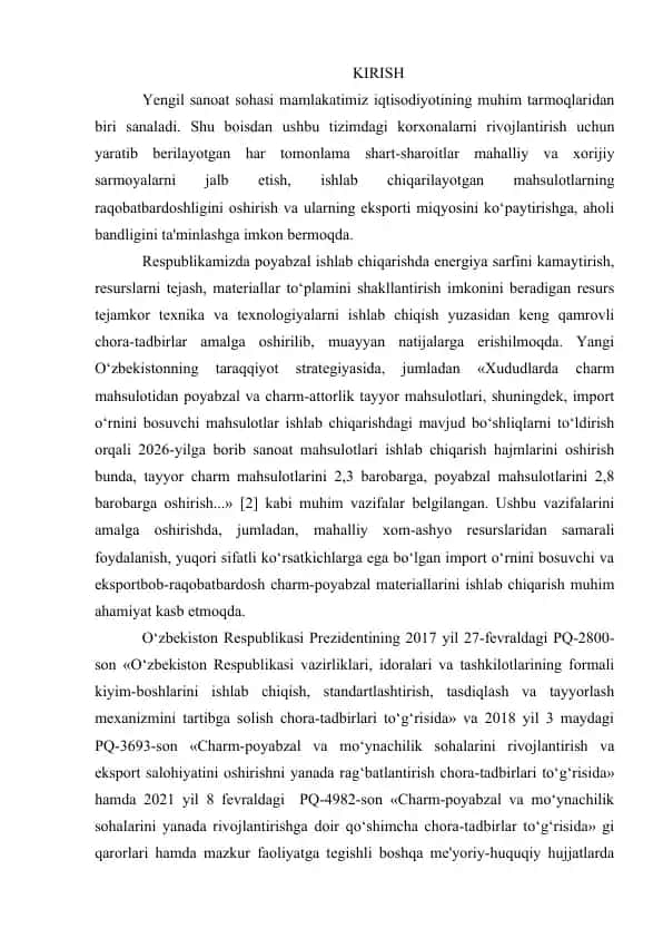 Charm-poyabzal mahsulotlari ishlab chiqarish