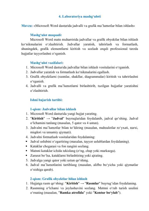 Microsoft Word dasturida jadvalli va grafik ma’lumotlar bilan ishlash