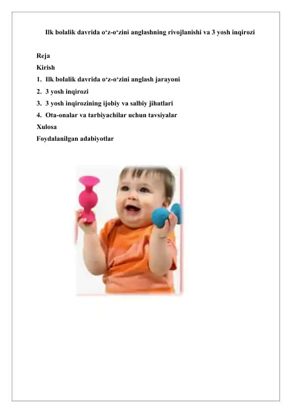 Ilk bolalik davrida o‘z-o‘zini anglashning rivojlanishi va 3 yosh inqirozi.