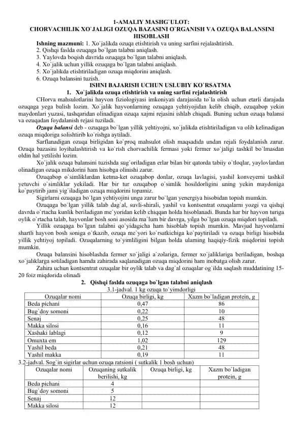 CHОRVACHILIK ХO`JALIGI ОZUQA BAZASINI O`RGANISH VA ОZUQA BALANSINI HISОBLASH
