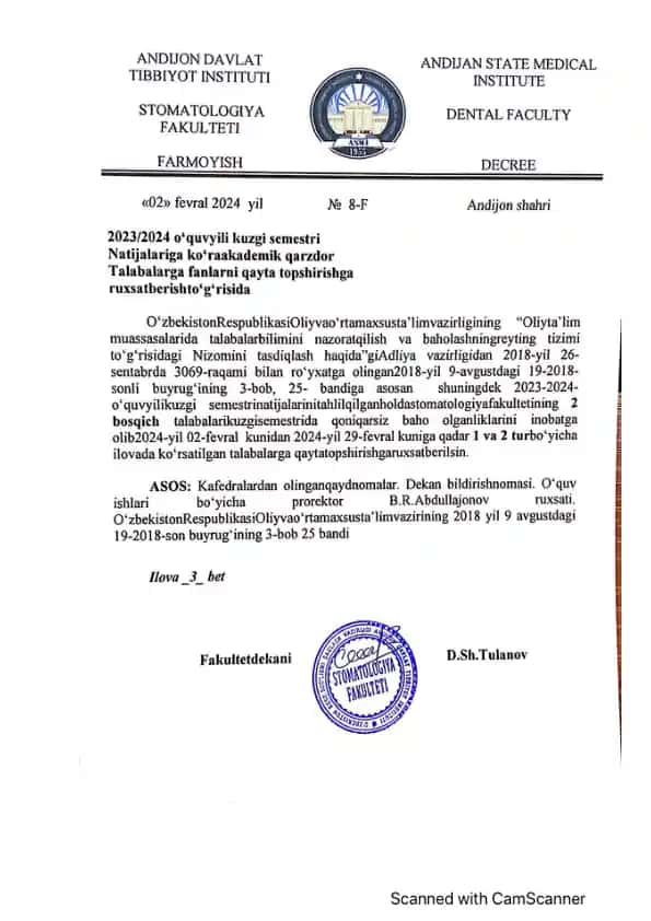 Stomatologiya talabalarining qayta topshirishga ruxsat berish haqida farmon