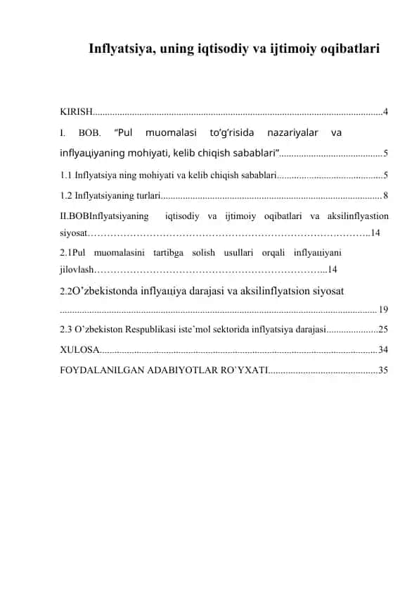 Inflyatsiya, uning iqtisodiy va ijtimoiy oqibatlari