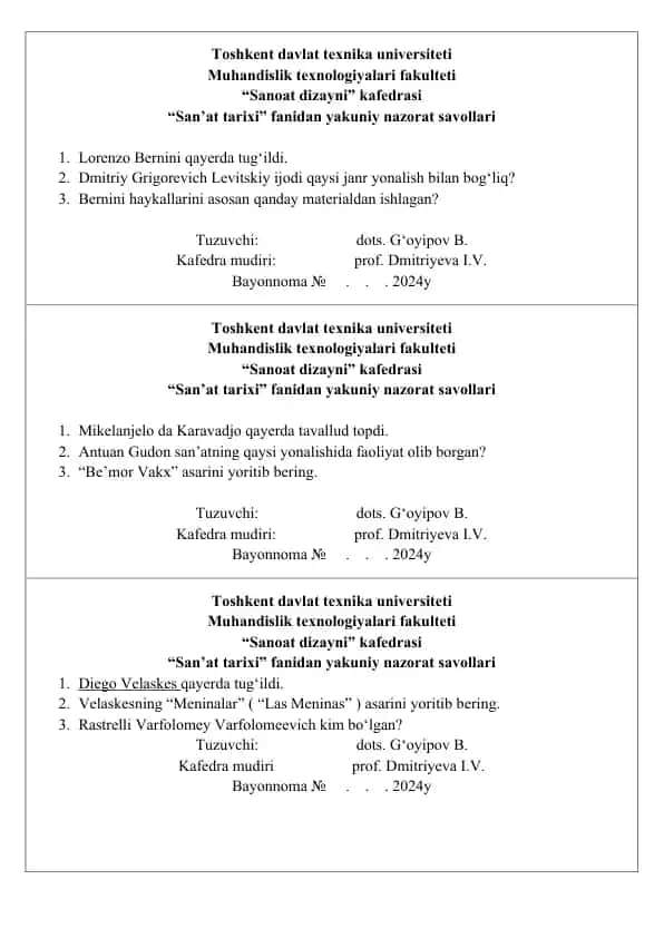 San'at tarixi fanidan yakuniy nazorat savollari