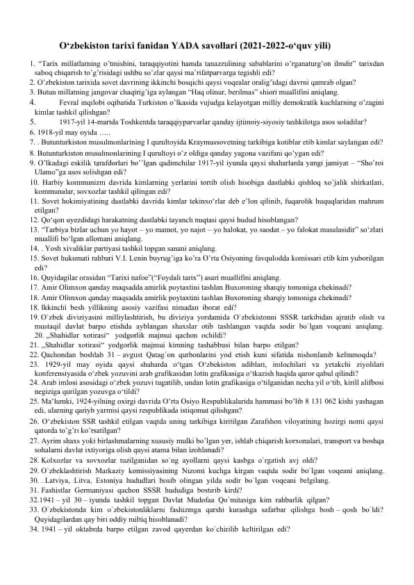 O'zbekiston tarixi fanidan savol