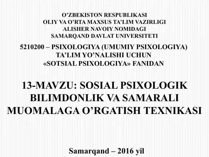 «Sotsial psixologiya» fanidan ta'lim.