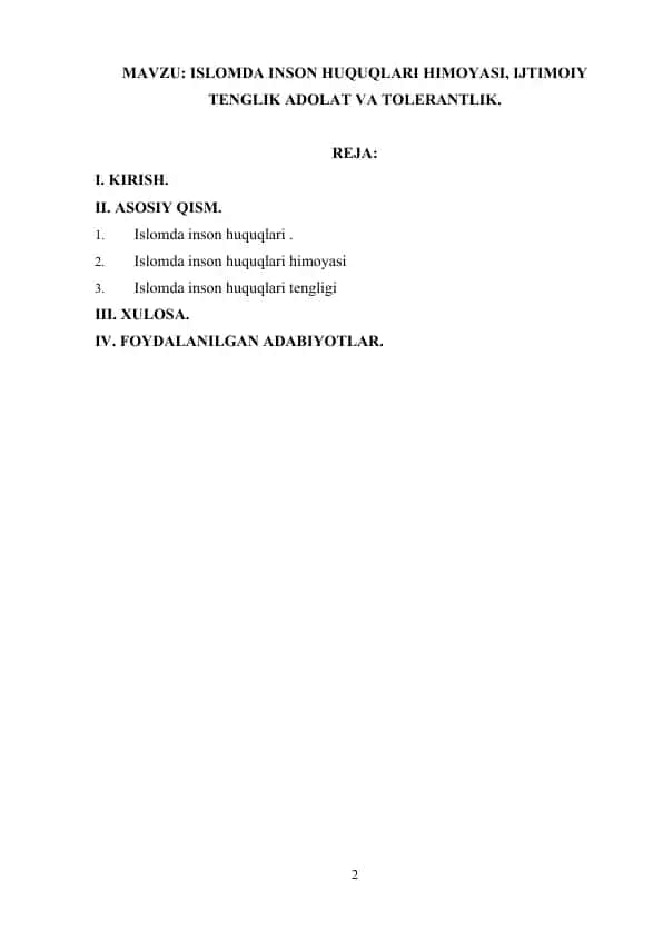 Islomda inson huquqlari himoyasi, ijtimoiy tenglik adolat va tolerantlik