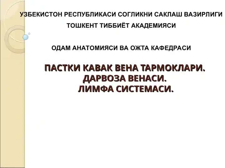 ПАСТКИ КАВАК ВЕНА ТАРМОКЛАРИ.ДАРВОЗА ВЕНАСИ.ЛИМФА СИСТЕМАСИ.