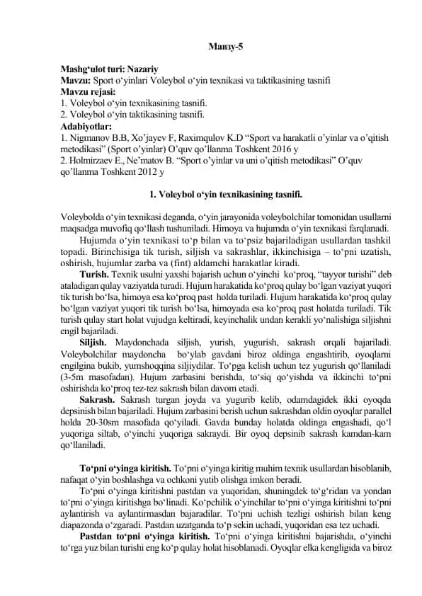 Sport o‘yinlari Voleybol o‘yin texnikasi va taktikasi