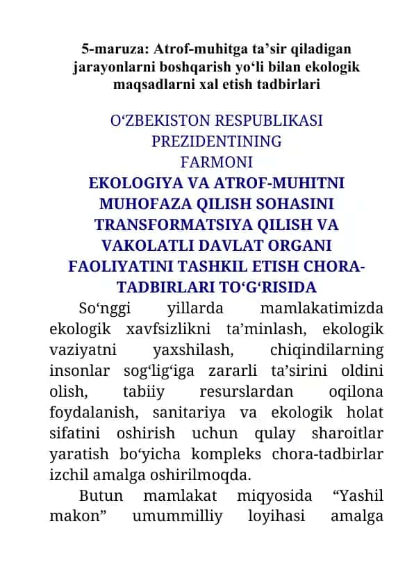Ekologik maqsadlarni xal etish tadbirlari