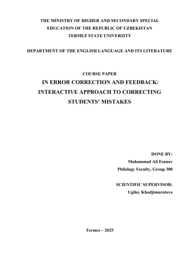 Course Paper on Error Correction and Feedback: Interactive Approach to Correcting Students' Mistakes