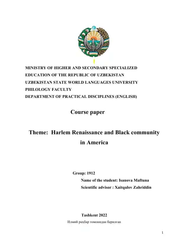 Harlem Renaissance and Black community in American literature (Course paper)