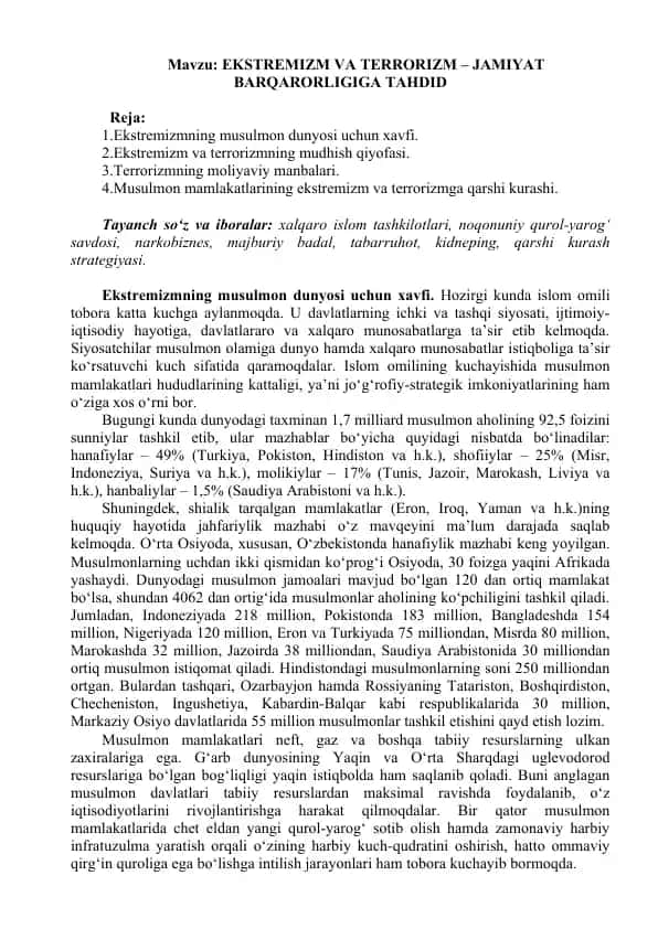 Ekstremizm va Terrorizmning Musulmon Dunyosi uchun Xavfi