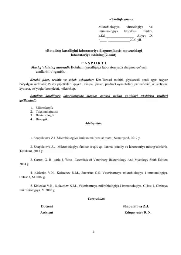 Botulizm kasalligini laboratoriya diagnostikasi
