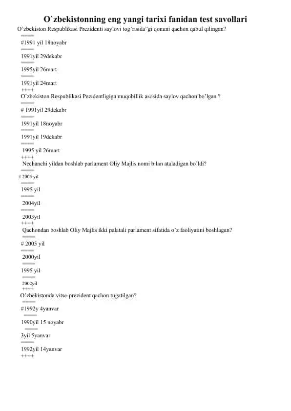 O`zbekistonning eng yangi tarixi fanidan test savollari