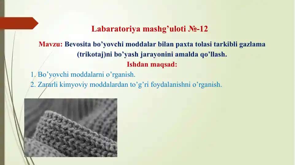 Bevosita bo’yovchi moddalar bilan paxta tolasi tarkibli gazlama