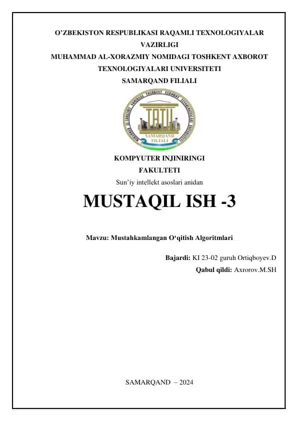 Mustahkamlangan O'qitish Algoritmlari