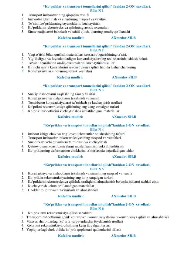 Ko‘priklar va transport tonnellarini qilish