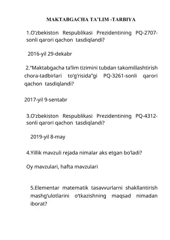 Maktabgacha Ta'lim - Tarbiya