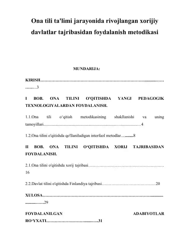 Ona tili ta'limi jarayonida rivojlangan xorijiy davlatlar tajribasidan foydalanish metodikasi